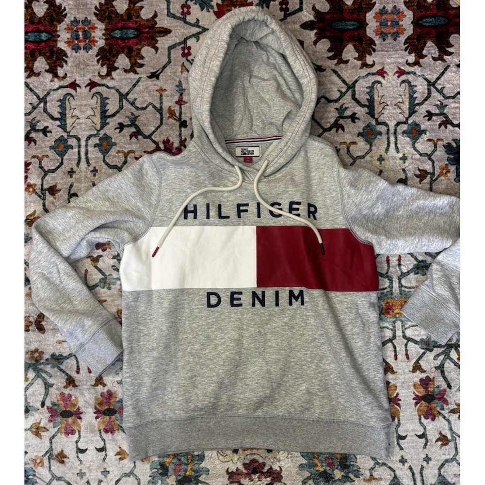 Tommy Hilfiger Denim Flag Logo Gray Red Hoodie Sweatshirt Womens Medium